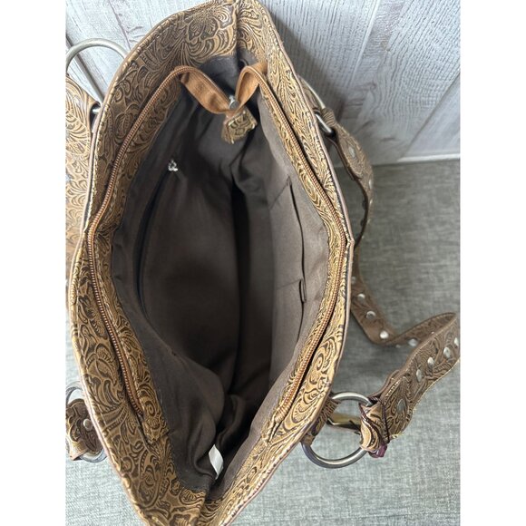 Western Style Brown Handbag Purse w/ Embossed Paisley Design & Star Horseshoe - Picture 3 of 9
